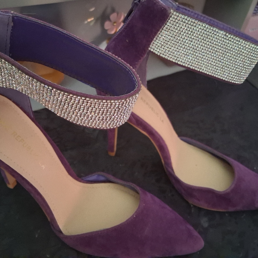 Shoe Republic LA Purple Heels with Rhinestone Strap